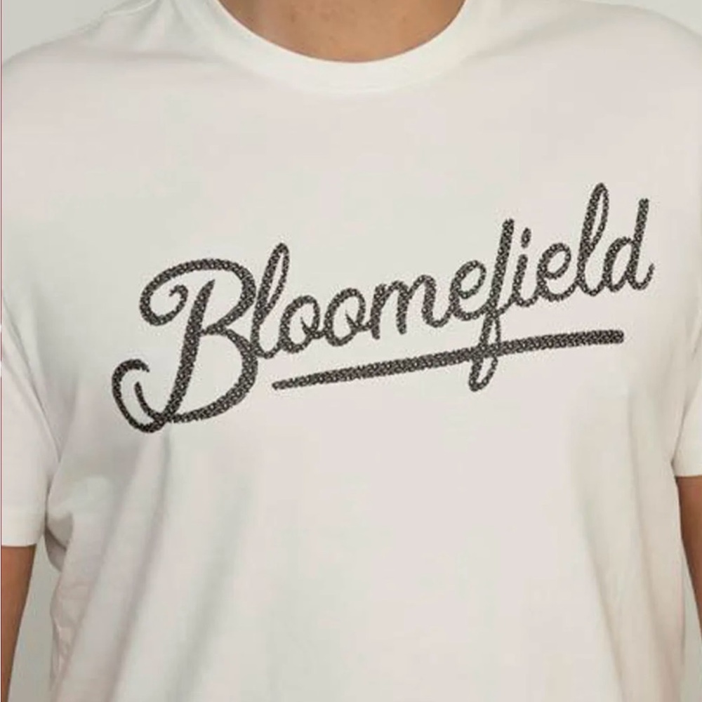 Bloomfield White T-Shirt with black logo.